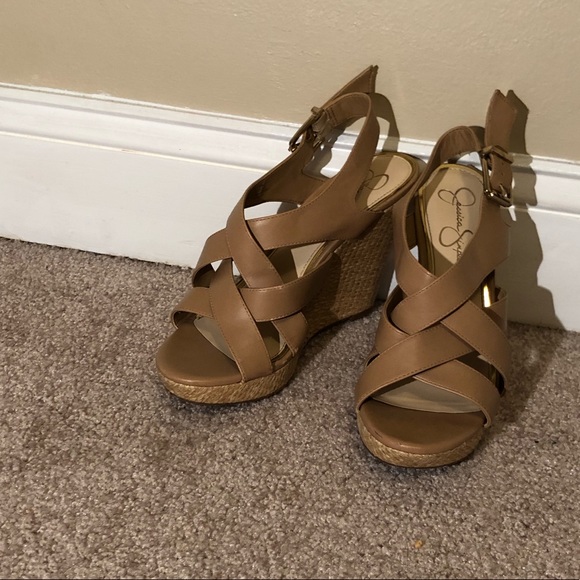 Tan Peep Toe Wedges - Picture 1 of 6